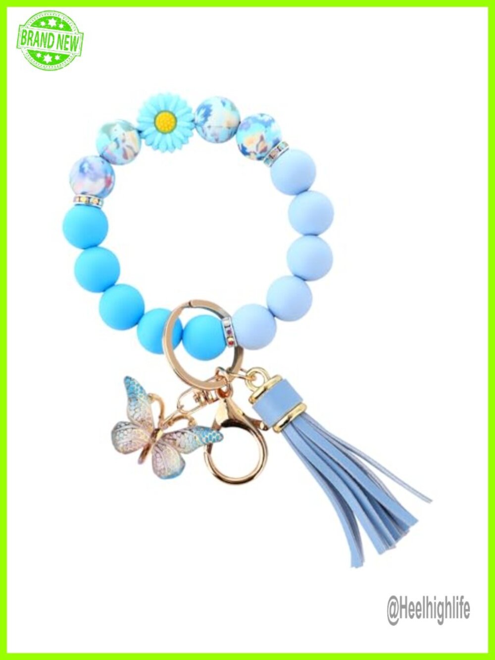 Silicone Beaded Keychain Wristlet Gold Plated Keyring Lobster Clasp Daisy Charm
